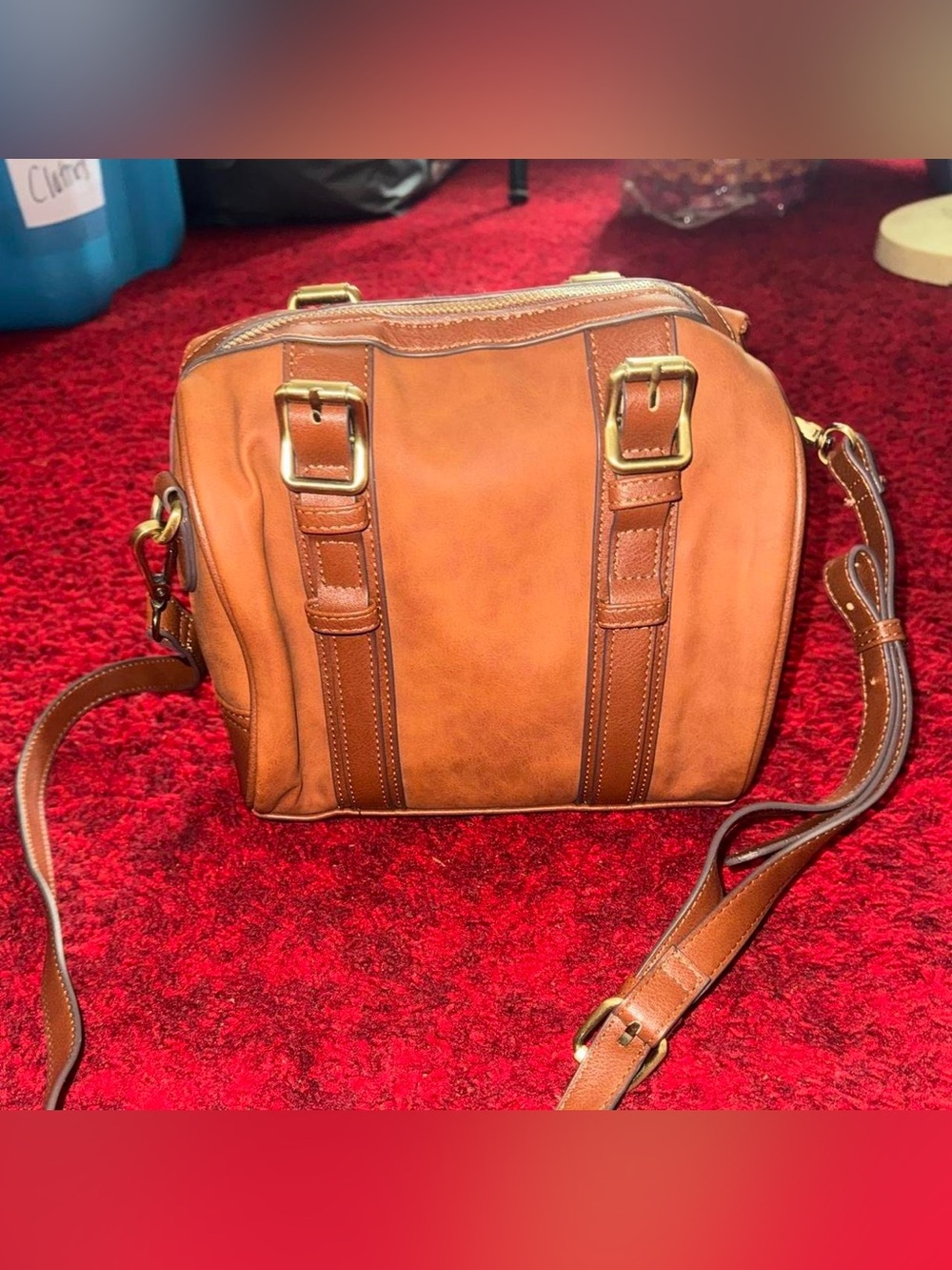 Source Unknown Tan/Brown Leather Crossbody Satchel with Gold Hardware